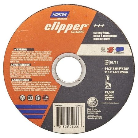 NORTON CLIPPER Clipper Classic A AO Series Cutoff Wheel, 412 in Dia, 0045 in Thick, 78 in Arbor 70184601455
